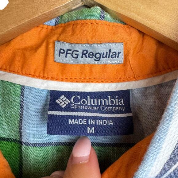 Columbia PFG Linen Blue Green Orange Plaid Button Up Short Sleeve Fishing Shirt - Picture 6 of 7